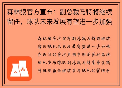 森林狼官方宣布：副总裁马特将继续留任，球队未来发展有望进一步加强