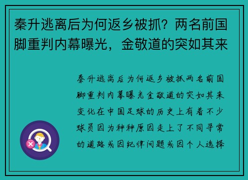 秦升逃离后为何返乡被抓？两名前国脚重判内幕曝光，金敬道的突如其来变化