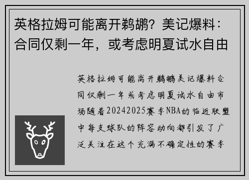 英格拉姆可能离开鹈鹕？美记爆料：合同仅剩一年，或考虑明夏试水自由市场