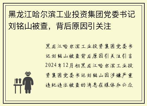 黑龙江哈尔滨工业投资集团党委书记刘铭山被查，背后原因引关注